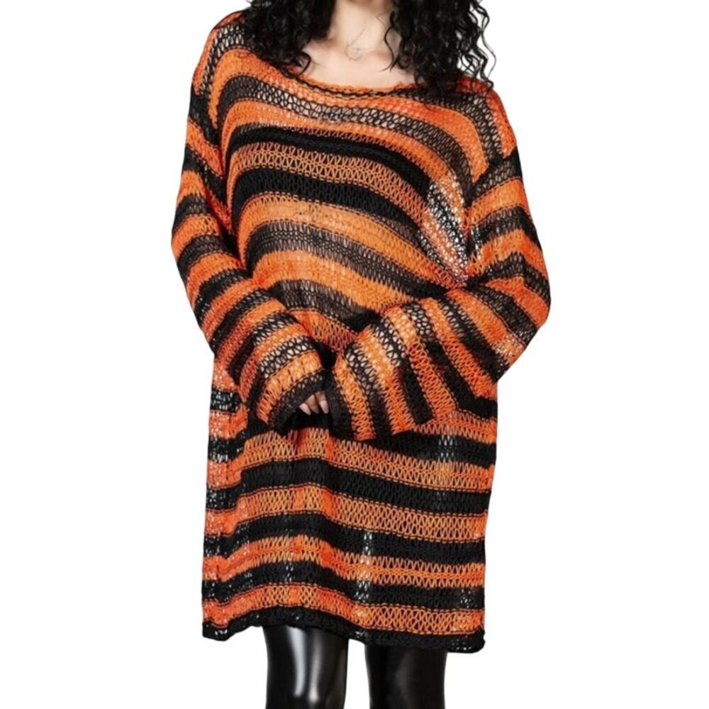 Killstar Orange and Black Open Weave Knit Long Sleeve Sweater Size Large